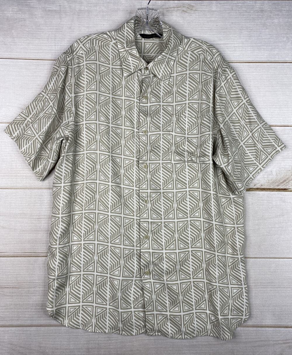 Axist Shirt Mens M Light Brown Geometric Print Hawaiian Button up Rayon Beach